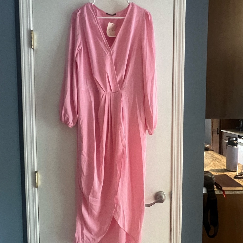 Elegant Pink Faux Wrap Women's Dress Tulip Hem